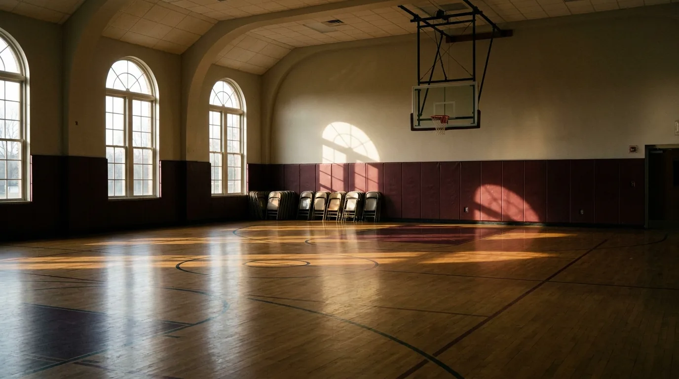 A multi-use gymnasium court showing how wall panels lay out along a baseline wall and around door frames