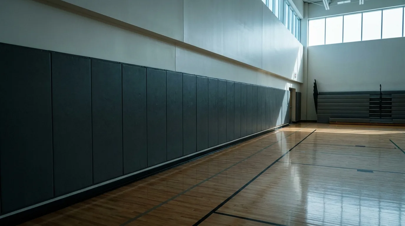 Charcoal wall padding running the length of an empty school gymnasium wall above a maple floor