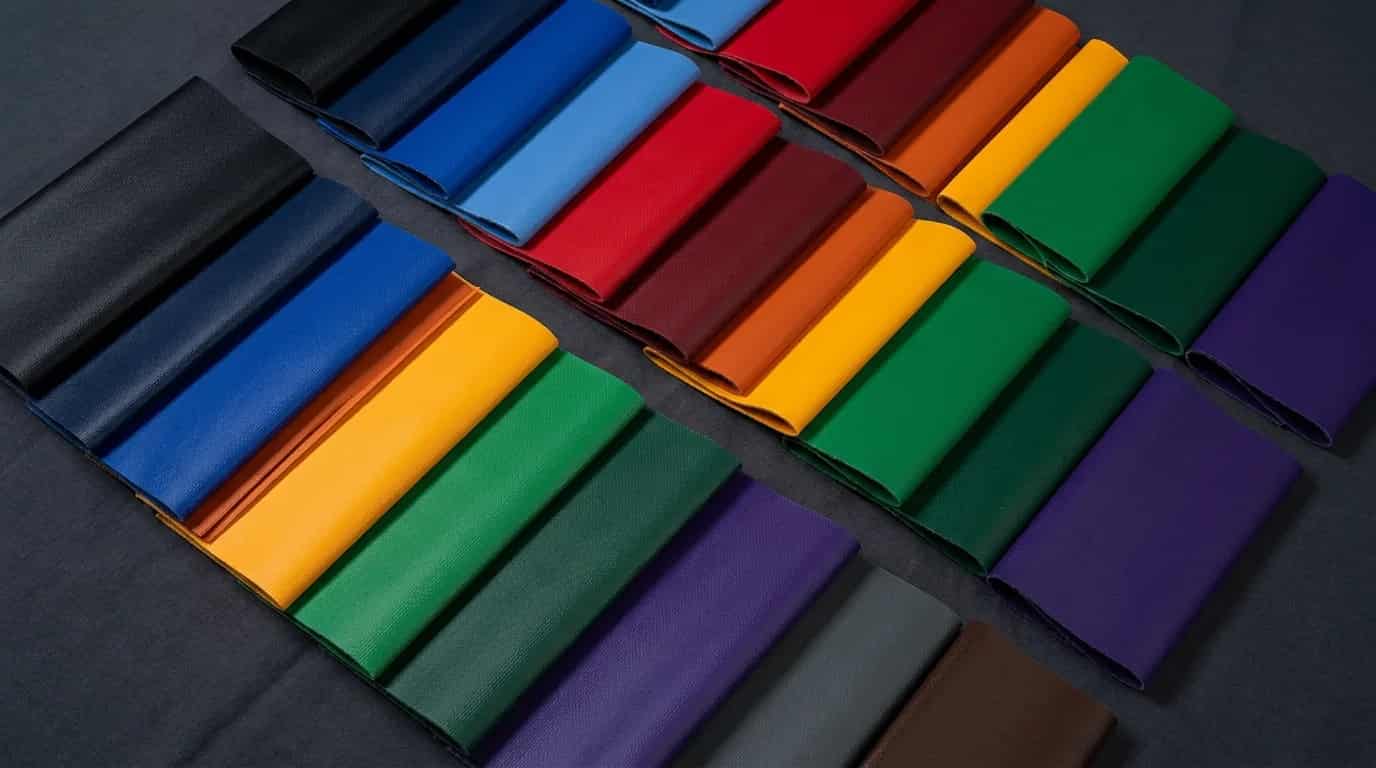 Rows of heavy-duty vinyl swatches in the full range of stock colors on a dark surface