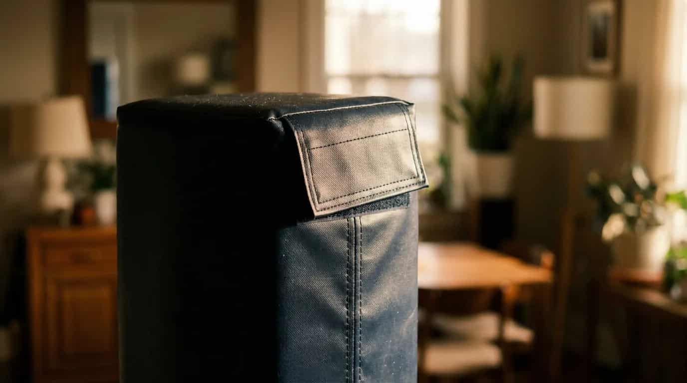 The stitched top corner of a navy vinyl pole pad catching warm window light