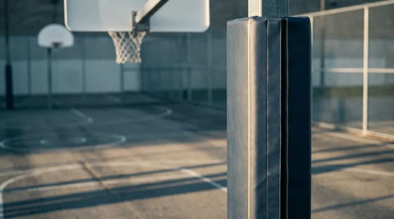 A navy vinyl pole pad wrapped around a square steel post on an outdoor basketball court in late afternoon light