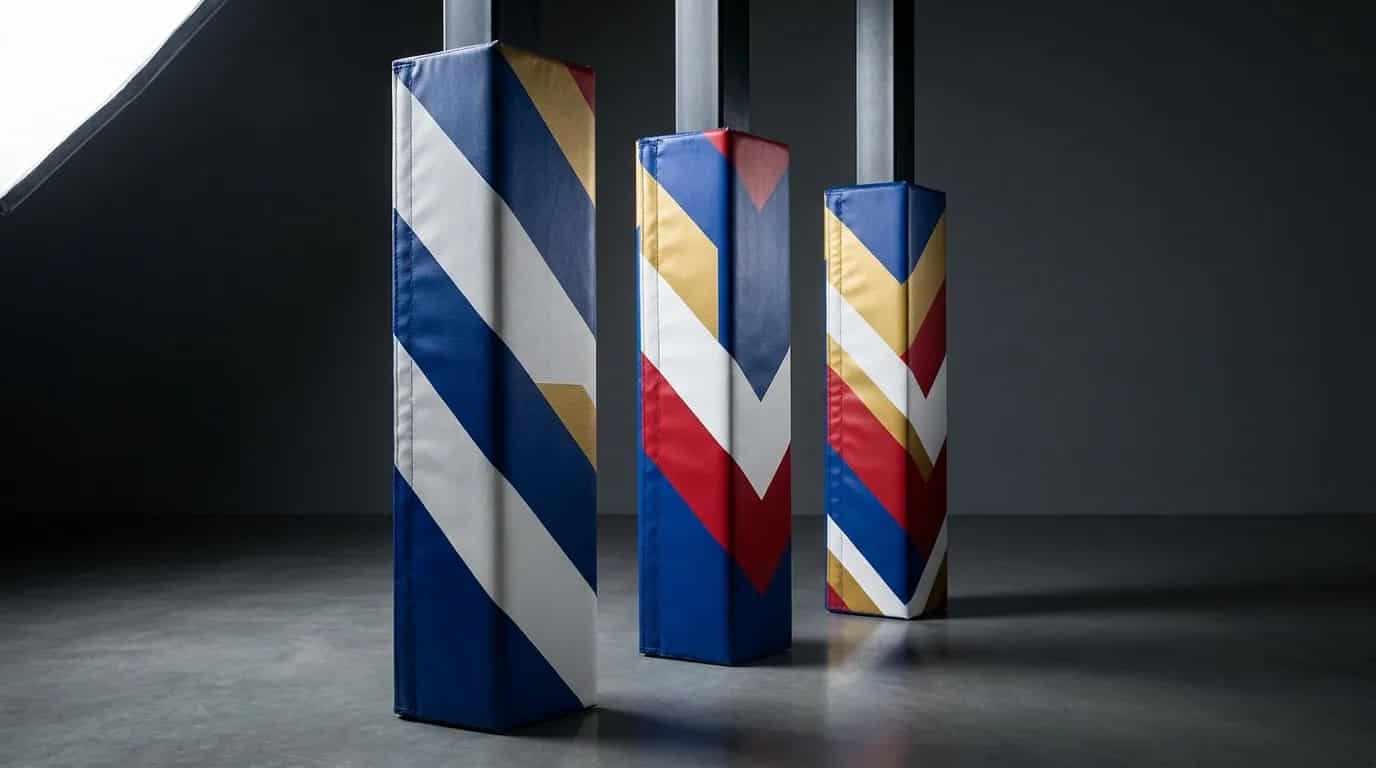 Three basketball pole pads printed with bold blue, white, red and gold geometric graphics in a studio