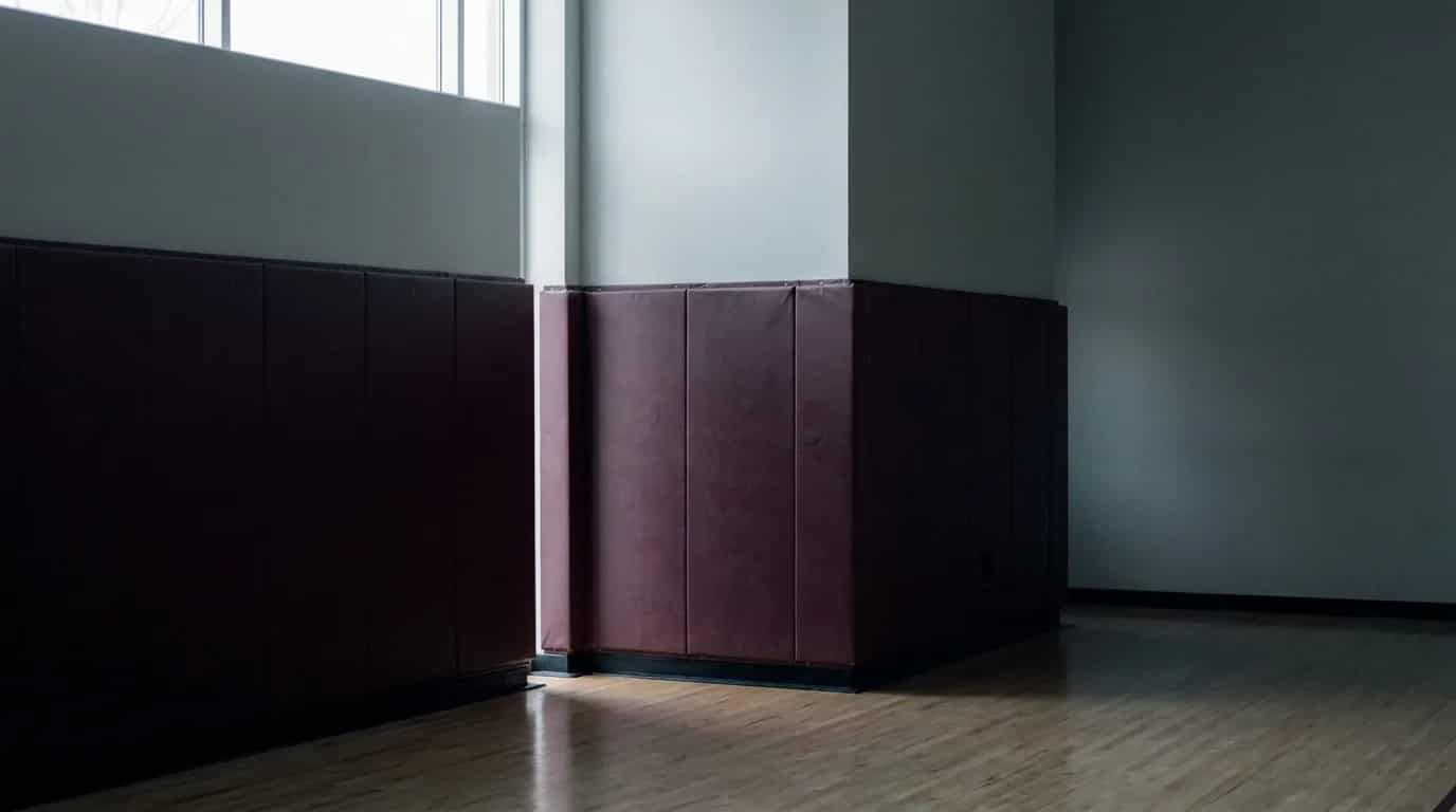 A quiet gymnasium corner where two runs of maroon wall padding meet at a padded column