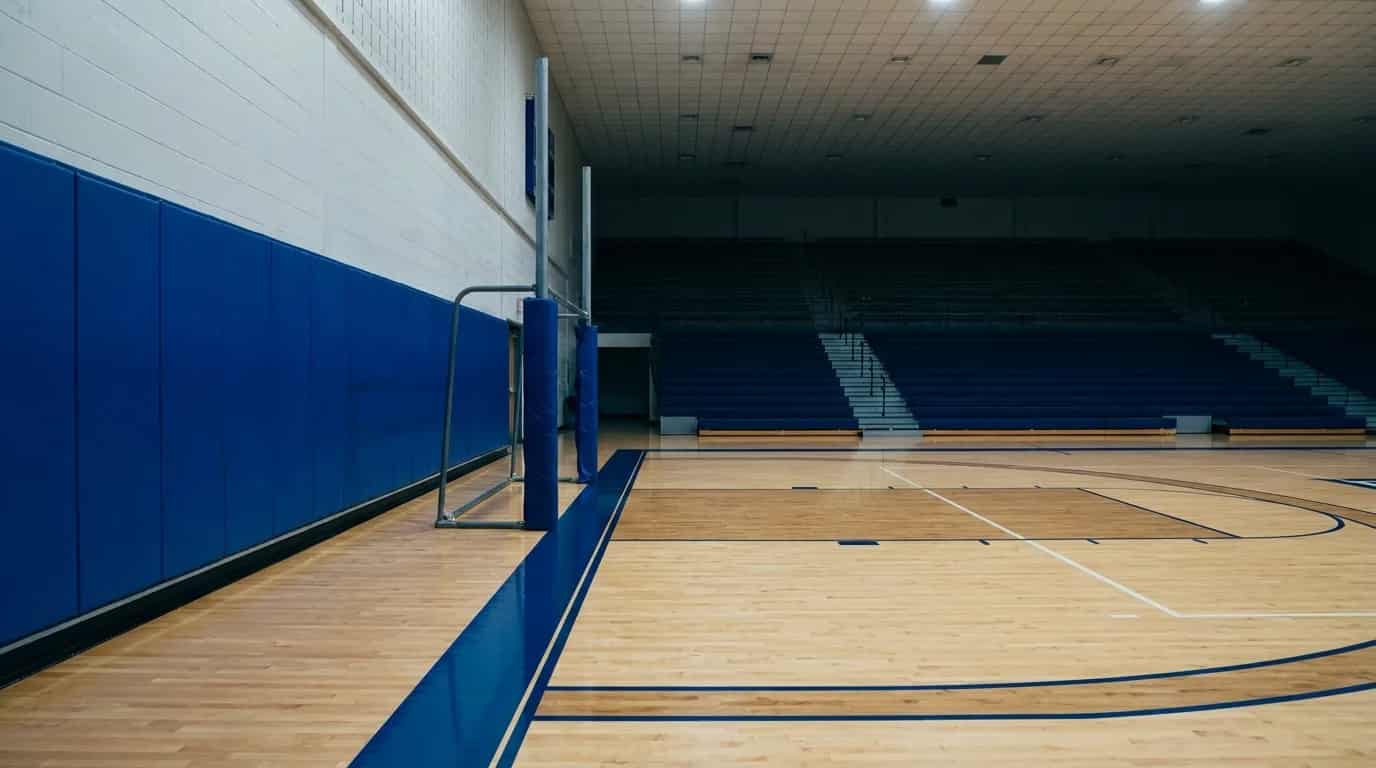 A pristine empty college gymnasium with royal blue wall padding and a matching padded post