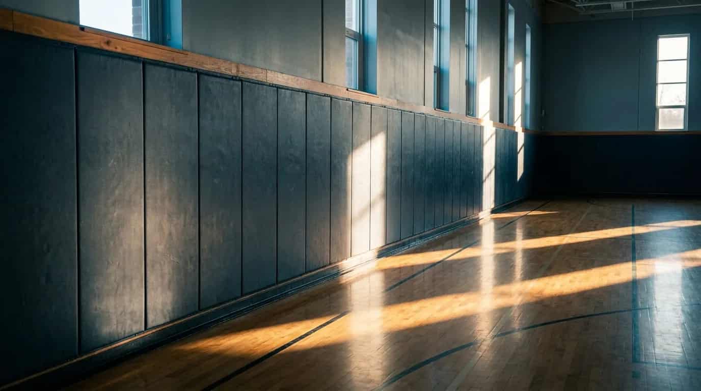 Charcoal wall padding running the length of a sunlit gymnasium wall above a polished maple floor