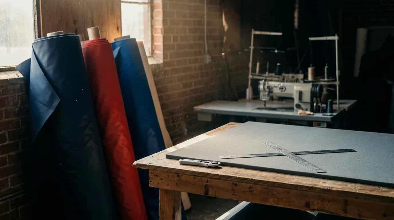An athletic padding workshop with rolls of vinyl, a cutting table and an industrial sewing machine