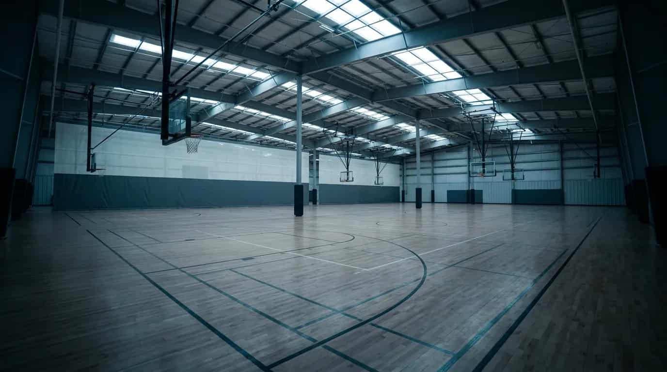 A large multi-court field house with several padded basketball posts and grey wall padding