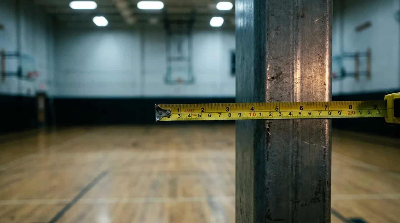 A tape measure pulled across the flat face of a square steel basketball post in a gymnasium