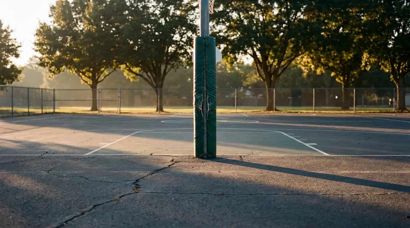 A weathered green pole pad on an empty outdoor park basketball court at golden hour