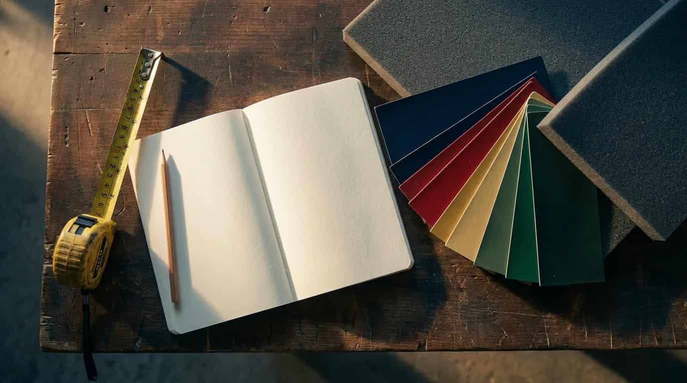 A workshop bench flat lay with a blank notepad, tape measure, pencil and vinyl color swatches