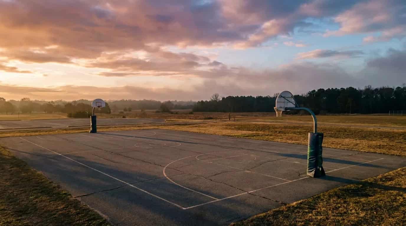 A wide outdoor community basketball court with padded posts at sunrise under an open sky