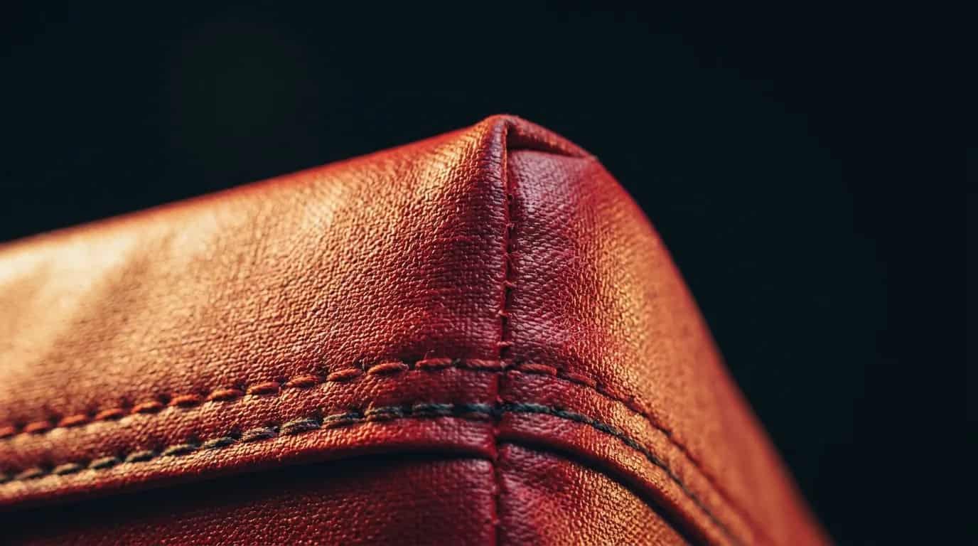 A macro view of the reinforced double-stitched edge of a scarlet athletic vinyl pad