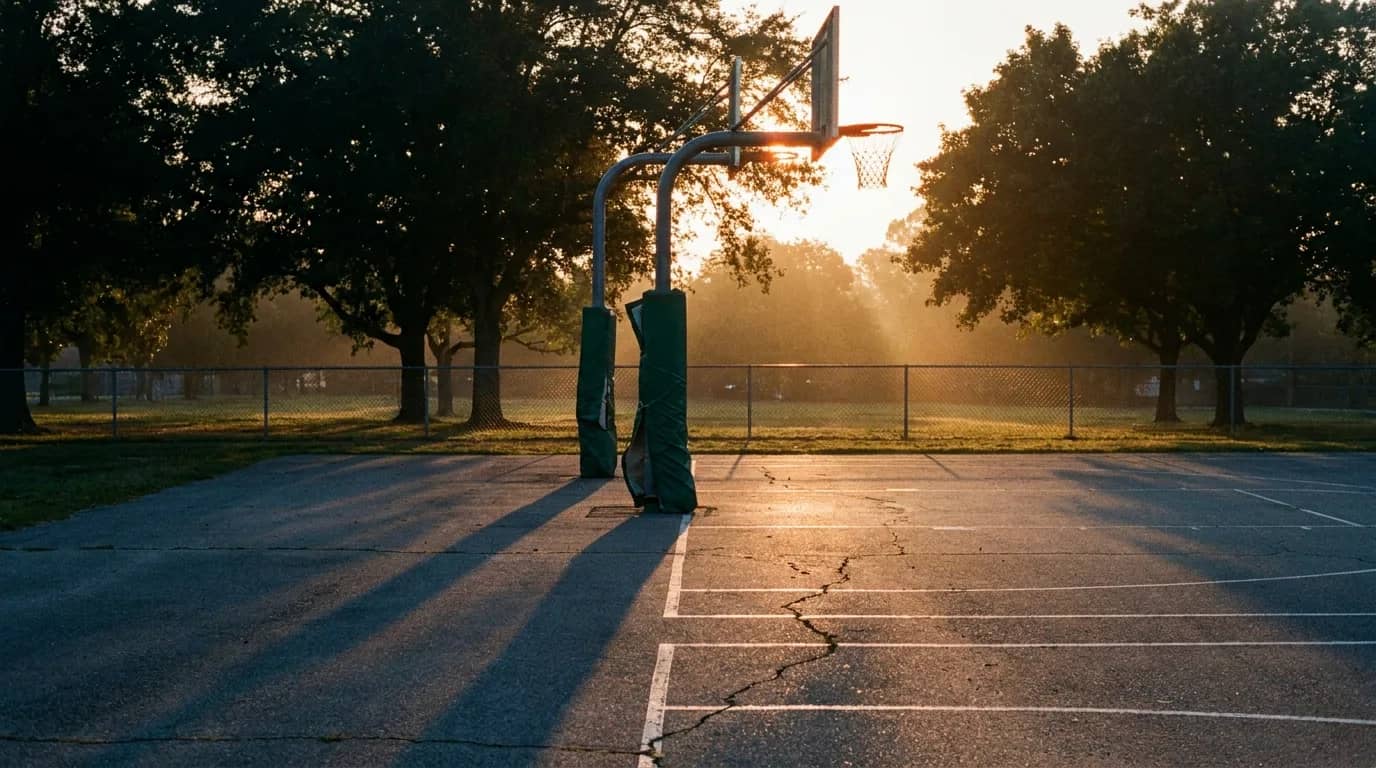 An empty outdoor park basketball court at sunrise with green padding wrapped around the goal post