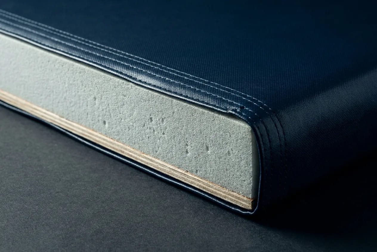 Cutaway edge of a wall pad showing the navy vinyl outer skin, the grey foam core and the plywood backing board in cross section