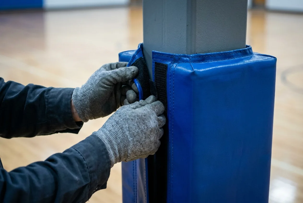 Gloved hands closing the hook and loop seam of a royal blue pole pad around a square steel post